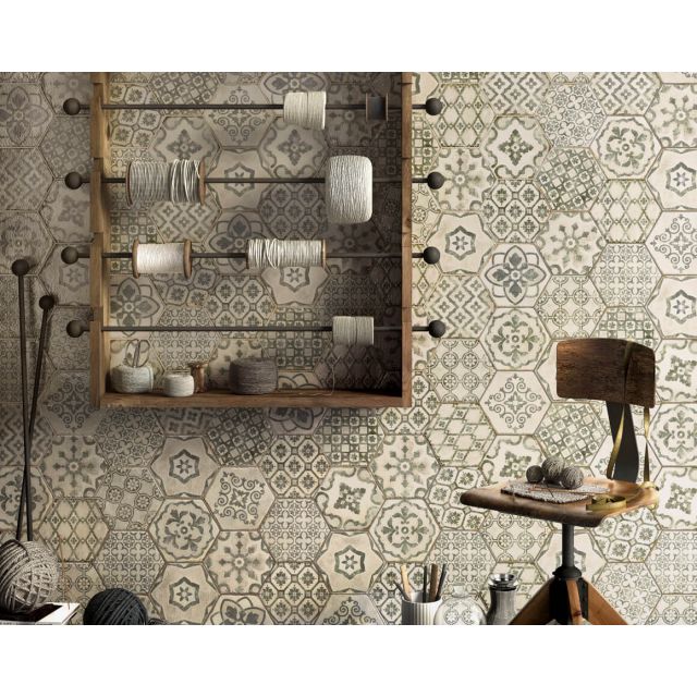 Hexagonal cement tiles and brick effect tiles with a waxy look